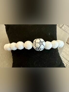White Beaded Stretch Bracelet with Soccer Charm